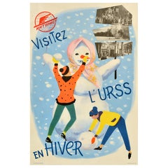 Affiche de voyage soviétique originale de l'URSS en hiver, Snowman URSS