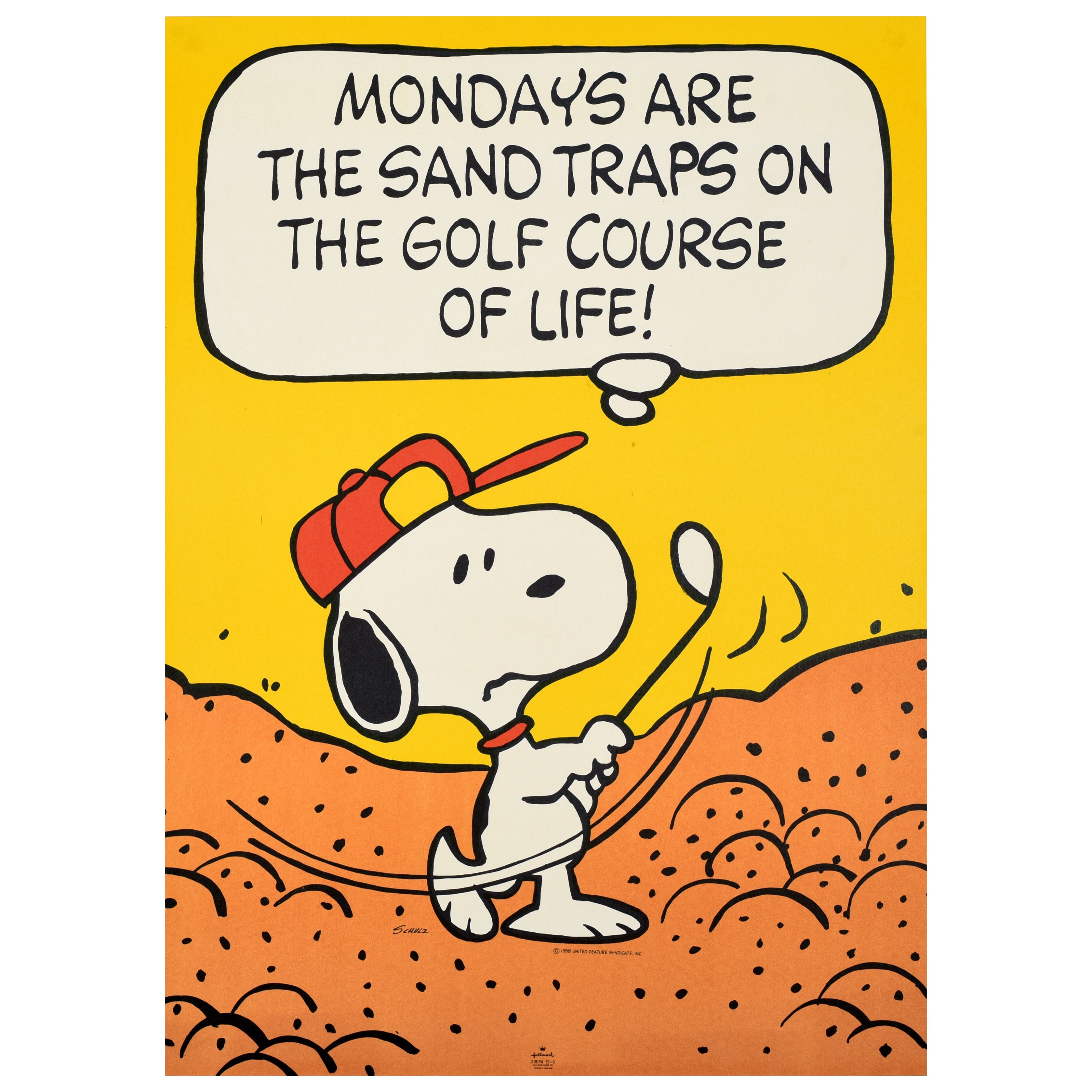 Poster Hallmark originale d'epoca Snoopy Golf Mondays Sand Trap Cartoon Dog