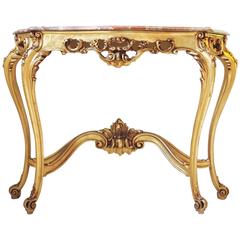 Gold Gilt Rococo Style Console with Serpentine Marble Louis