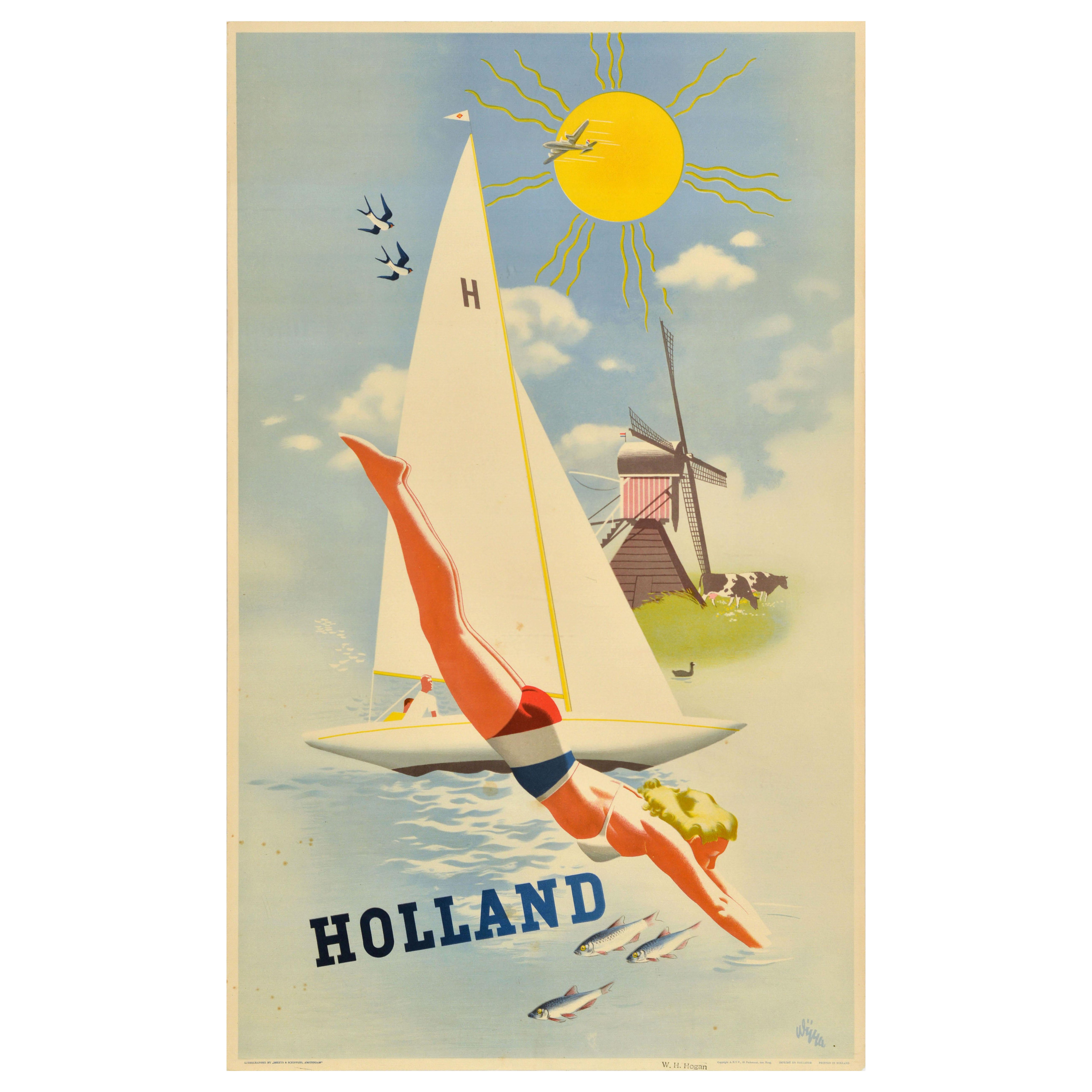 Affiche rétro originale de voyage Hollande Jan Wijga, Pays-Bas, moulin à vent pour voiliers
