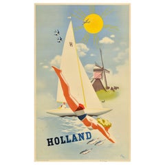 Affiche rétro originale de voyage Hollande Jan Wijga, Pays-Bas, moulin à vent pour voiliers