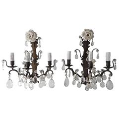French White Rose Crystal Bronze Three-Light Sconces