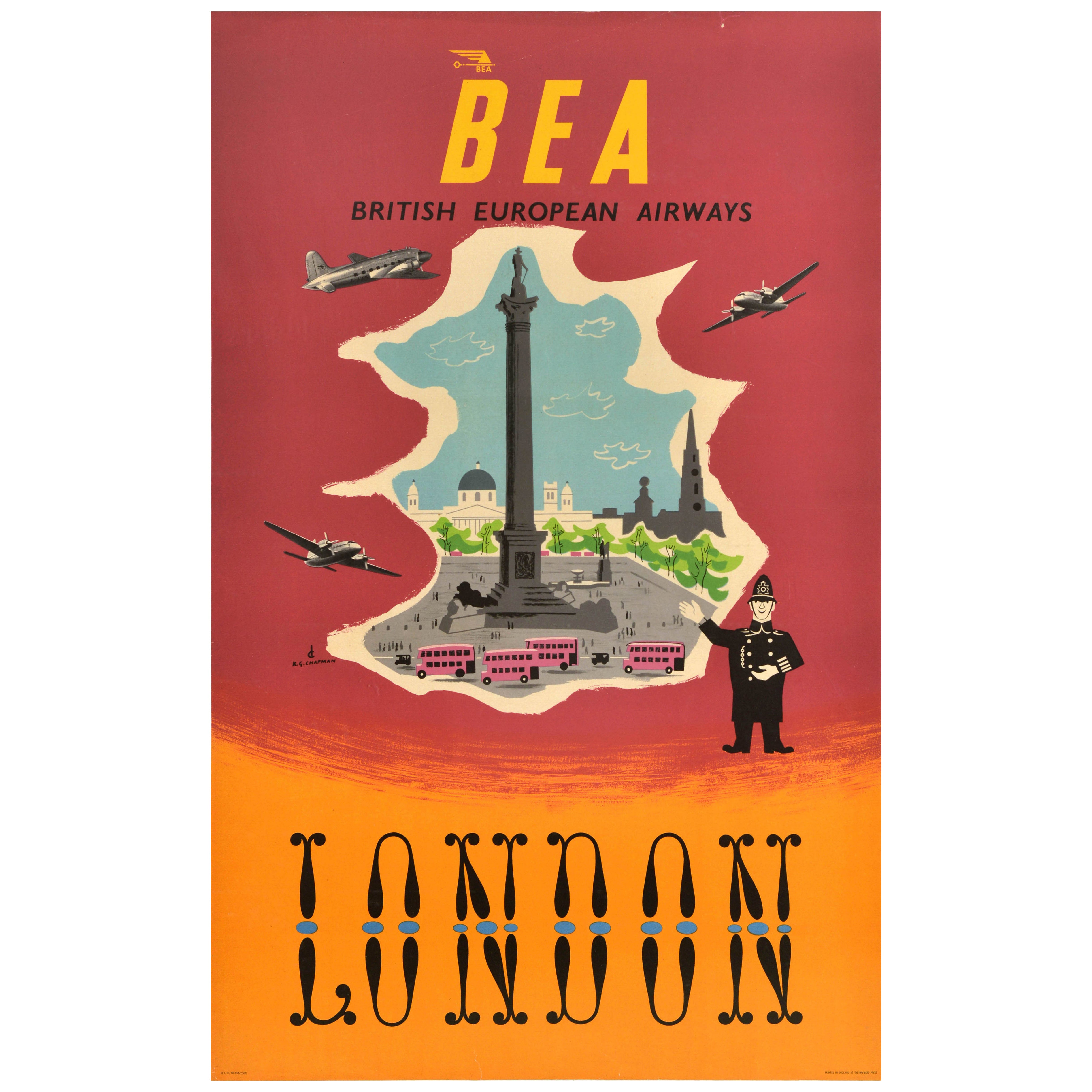 Cartel de Viaje Vintage Original BEA London Trafalgar Square Westminster Chapman