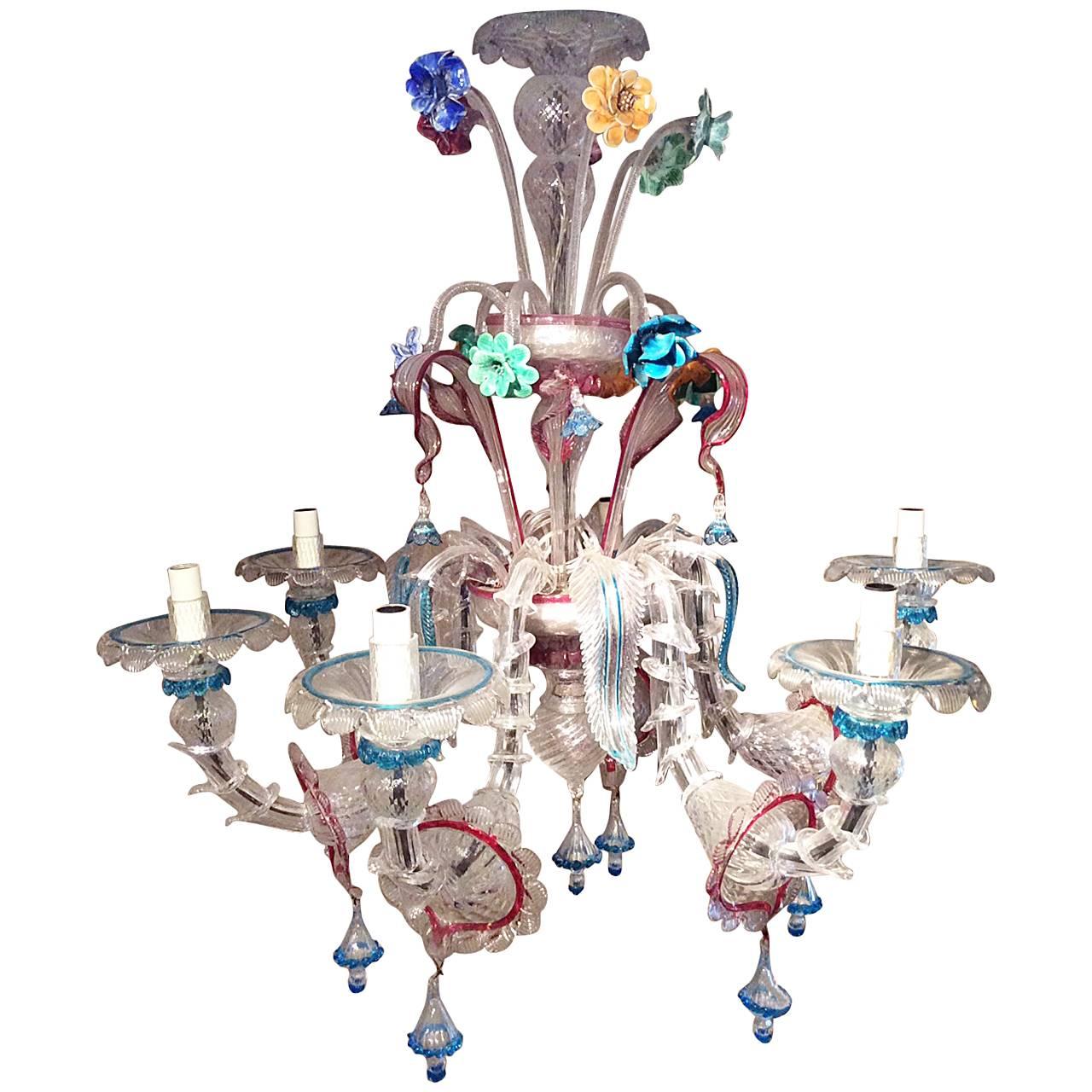 Murano Glass Chandelier with Six-Lights , circa 1950, Venice, Italy  For Sale