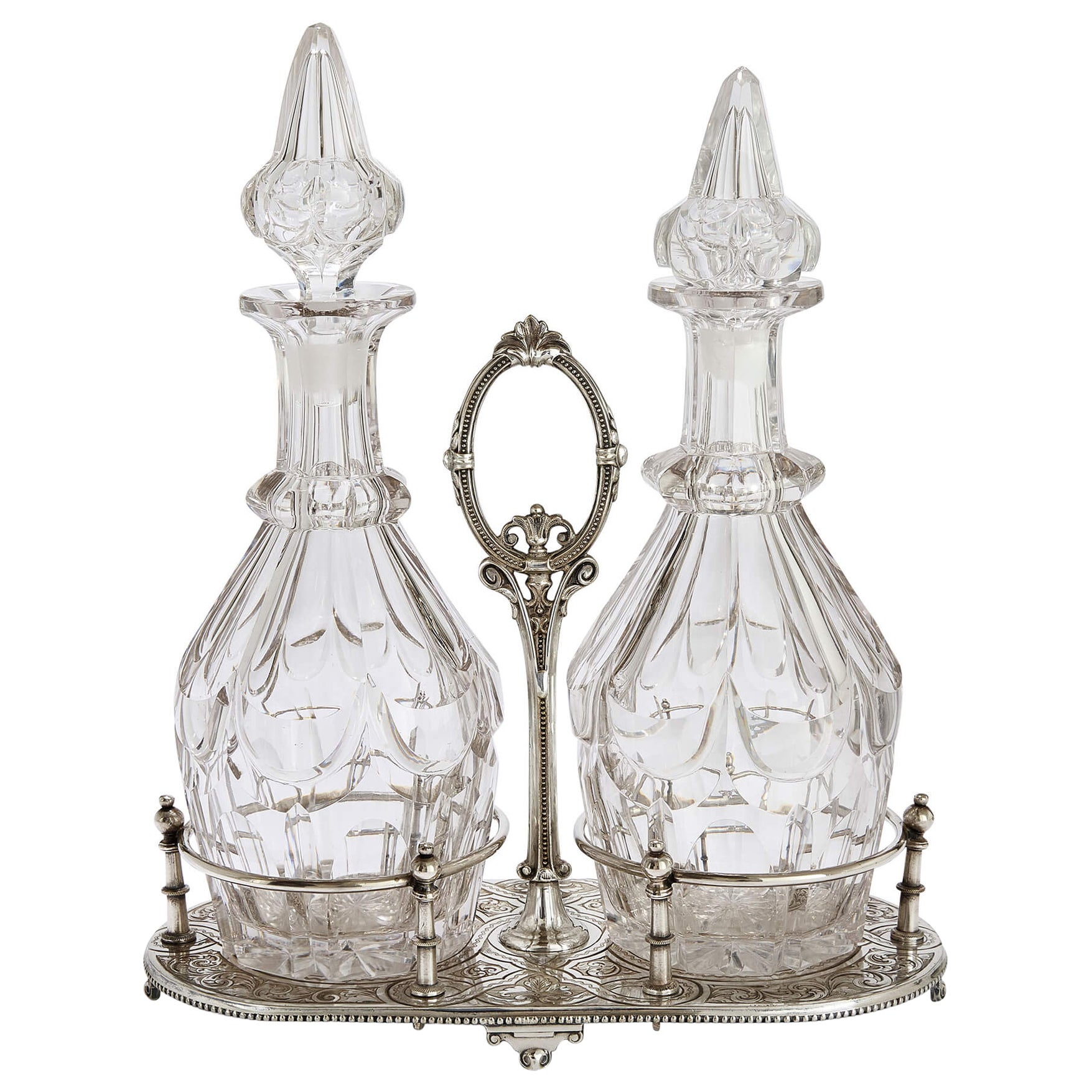Pair of Antique English Cut Glass Decanters with Silver-Plated Stand