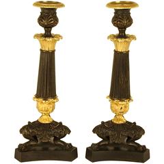 Pair of Charles X Ormolu and Patinated Bronze Candlesticks