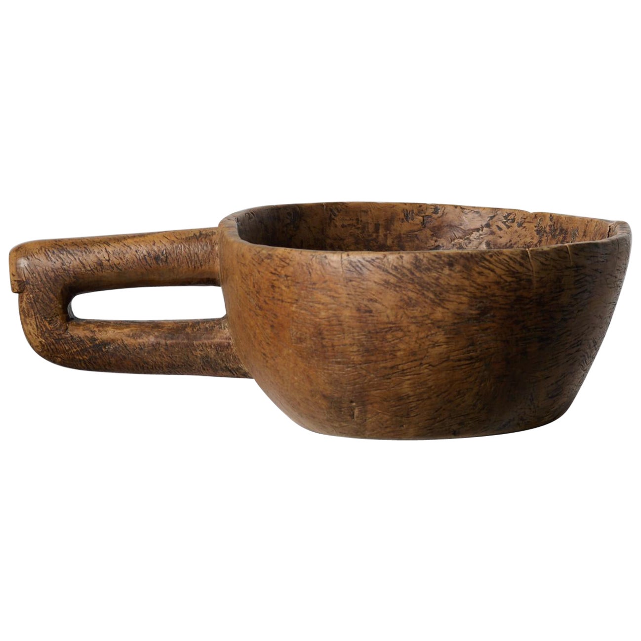Rare Swedish Antique Wooden Bowl Made by Hand in Birch Root with a Carved Handle