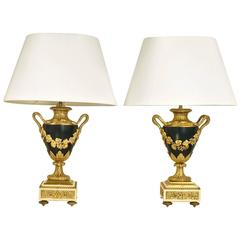 Antique Pair of Empire White Marble, Parcel-Gilt and Patinated Bronze Table Lamps