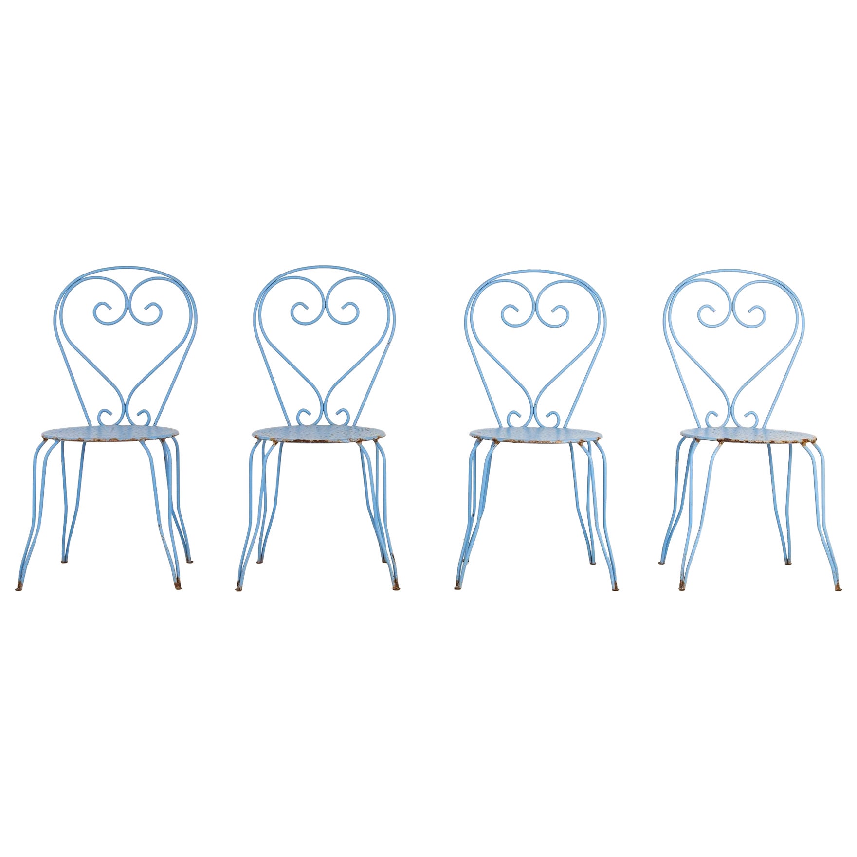 Blue Paint French Pierced Seat & Heart Garden Chairs, Set of 4 Mid 20th C