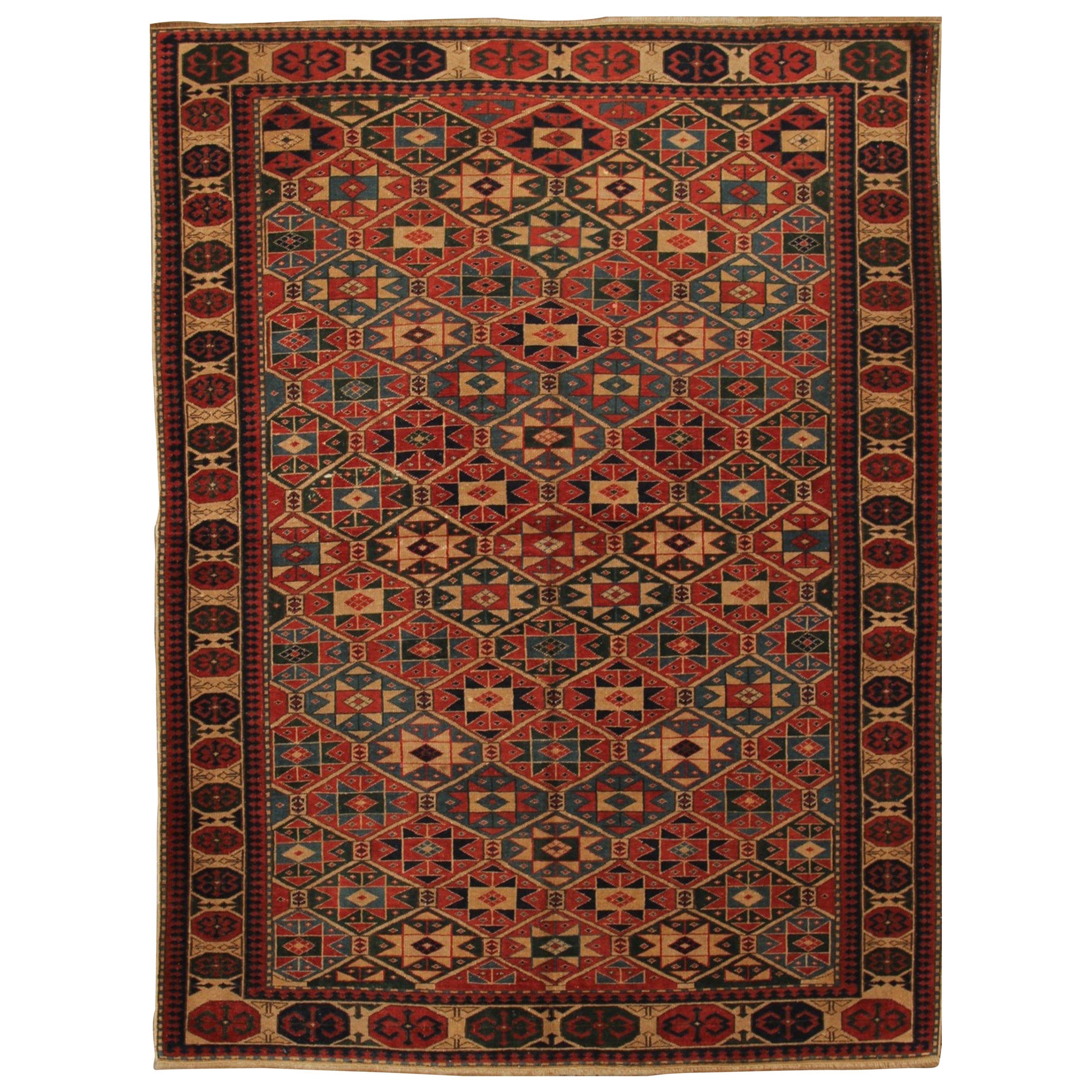Antique Kazak Geometric Cream Red and Blue Wool Rug