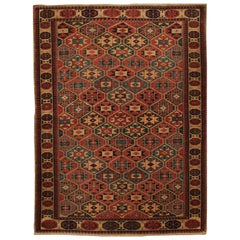 Antiker Kazak-Wollteppich in Geometrisch in Creme, Rot und Blau