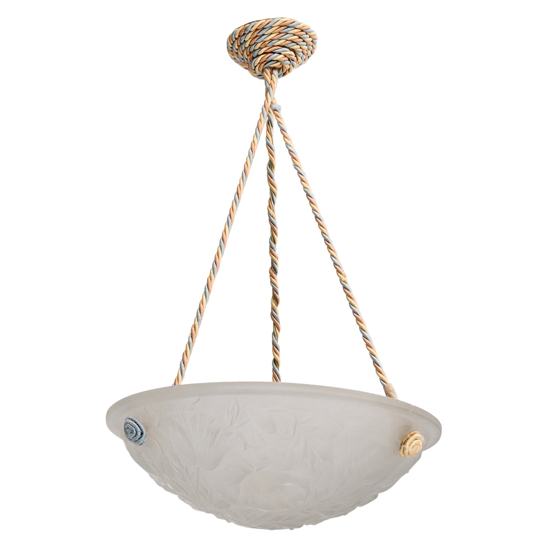 French Designer, Pendant Light, Glass, Rope, France, 1930s