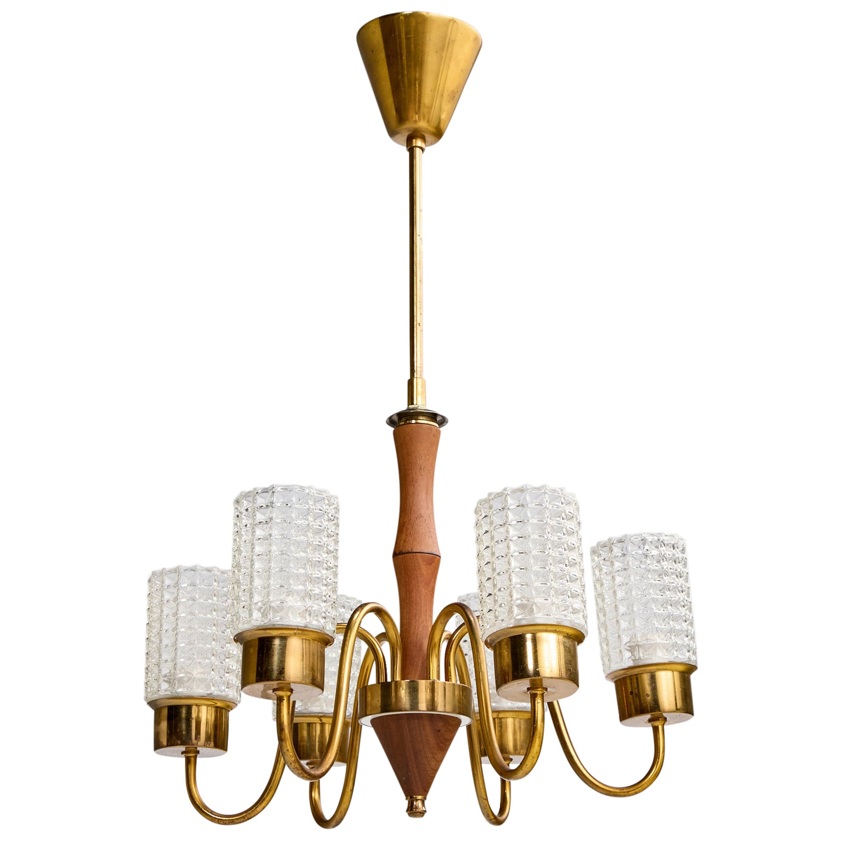 Lampadario di design svedese, teak, ottone, vetro, Svezia, anni '50