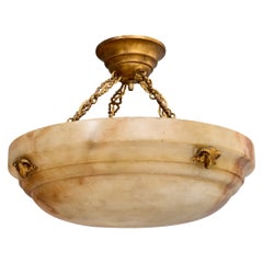 Antique Danish Designer, Pendant Light, Alabaster, Brass, Denmark, 1920s