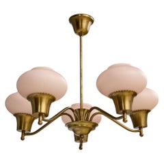 Danish Designer, Chandelier, Brass, Glass, Denmark, 1950s