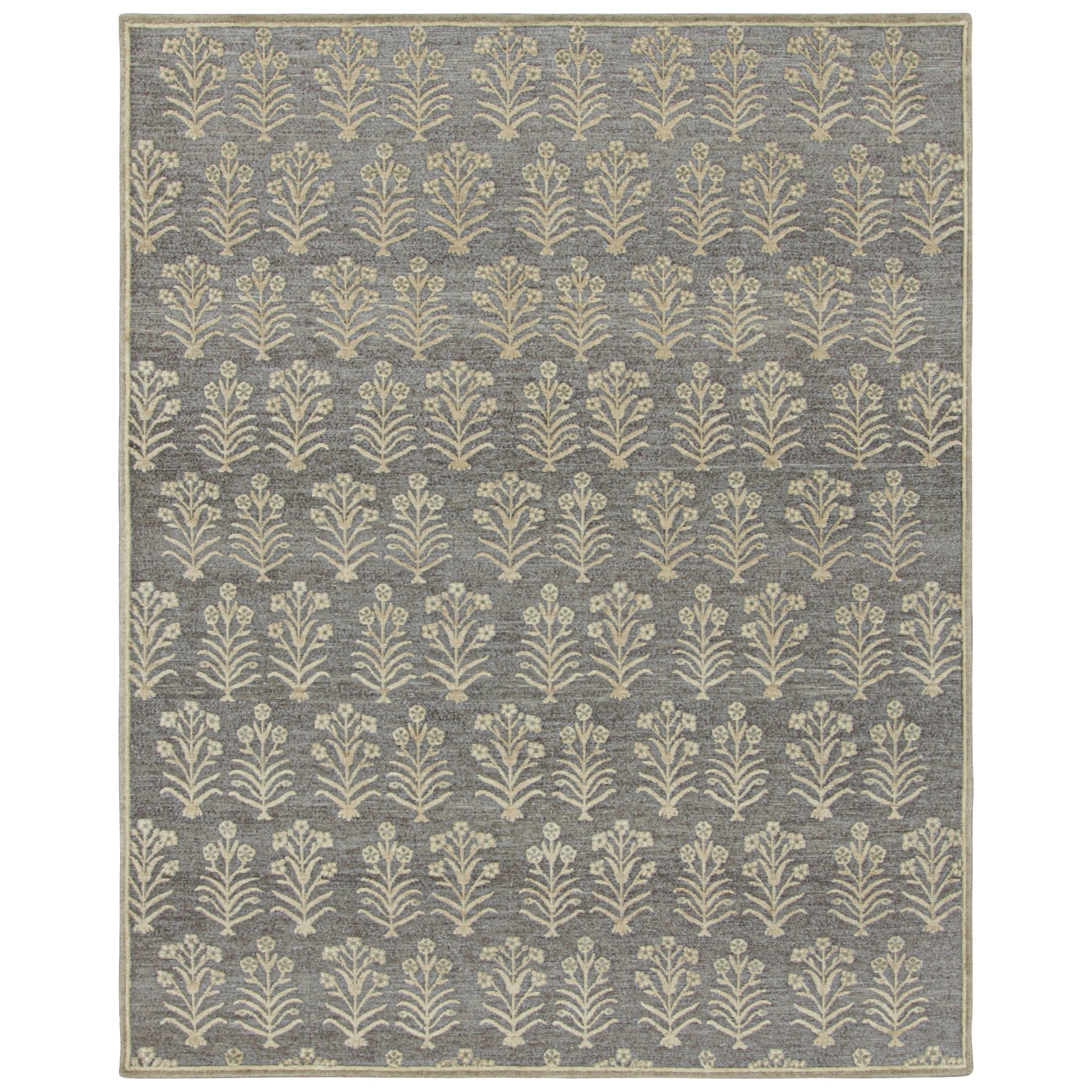 Rug & Kilim's Blockdruck-Teppichdesign in Brown mit beigefarbenen Blumenmustern