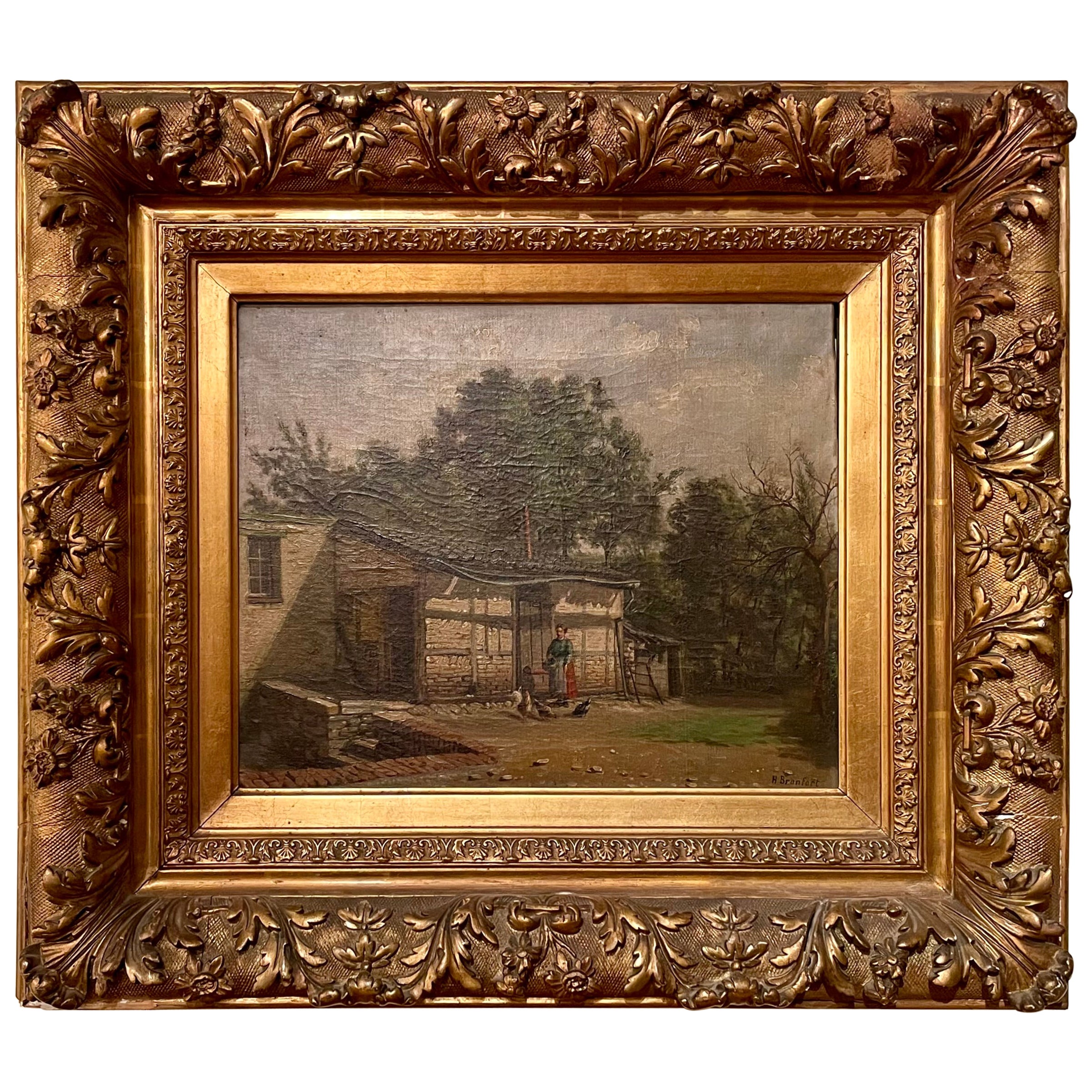 Antique 19th Century French Oil on Canvas Painting "Feeding the Chickens." For Sale