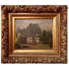 Antique 19th Century French Oil on Canvas Painting "Feeding the Chickens."