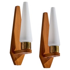 Swedish Designer, Wall Lights, Teak, Brass, Glass, Sweden, 1950s