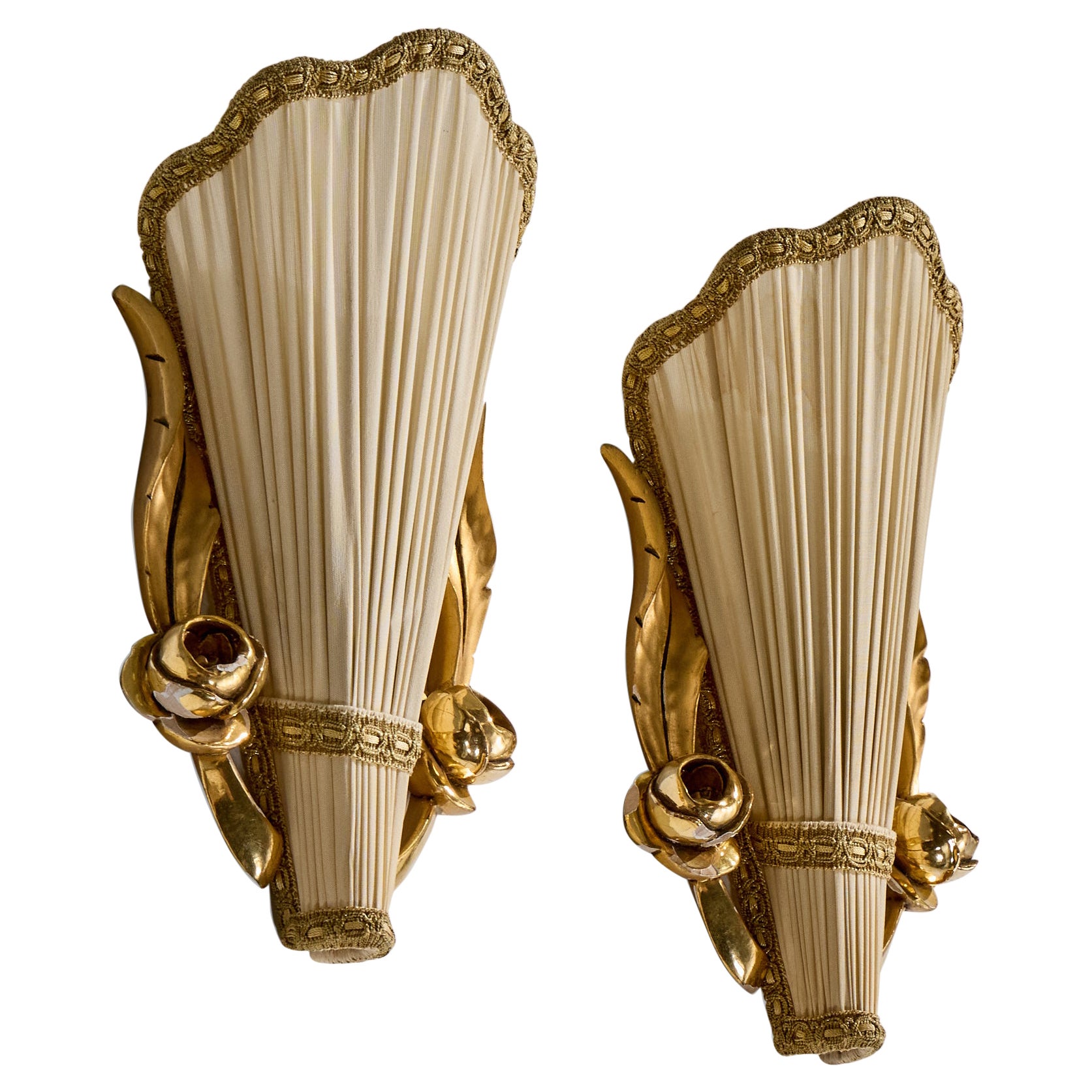 Swedish Designer, Wall Lights, Fabric, Wood, Sweden, 1930s