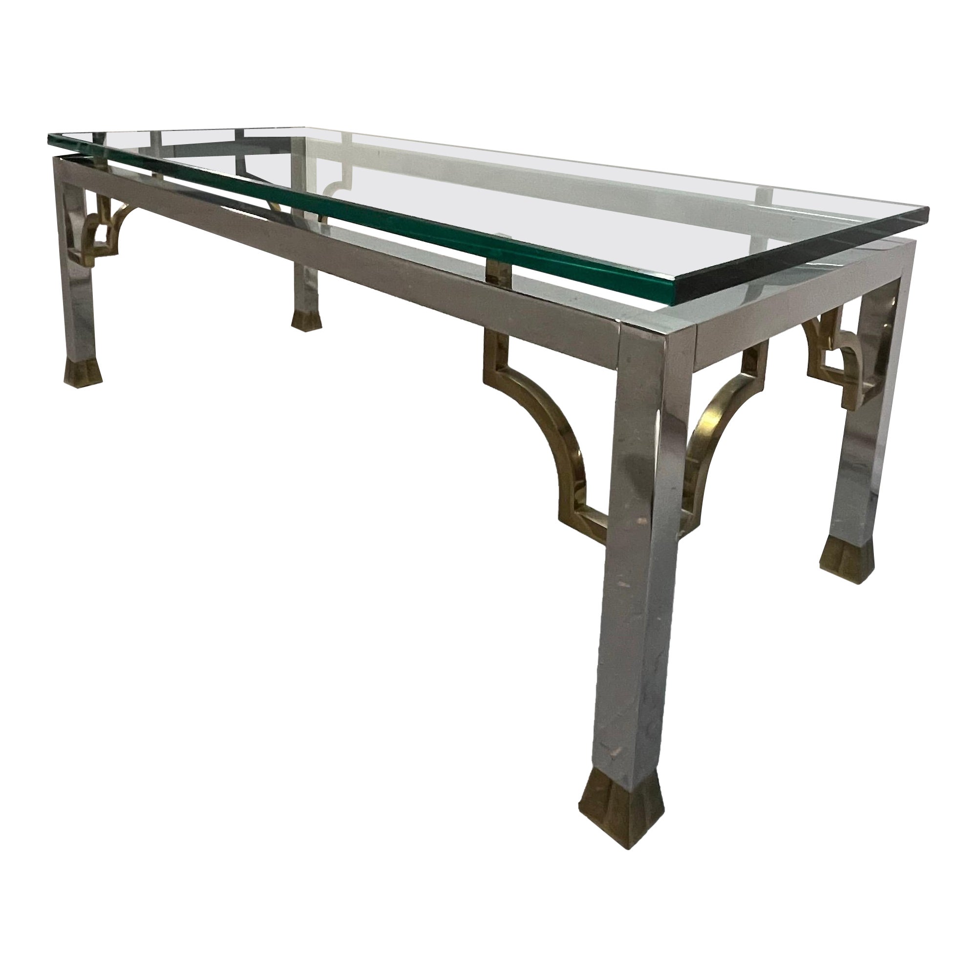 Vintage Neoclassical Chrome and Brass Coffee Table Thick Glass