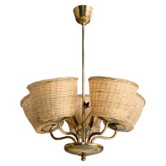 Finnish Designer, Chandelier, Brass, Rattan, Finland, 1940s