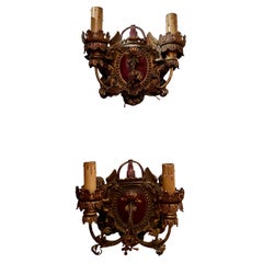 Pair Antique Italian Gesso Wall Sconces in a Cherub & Crown Motif, Circa 1900's.
