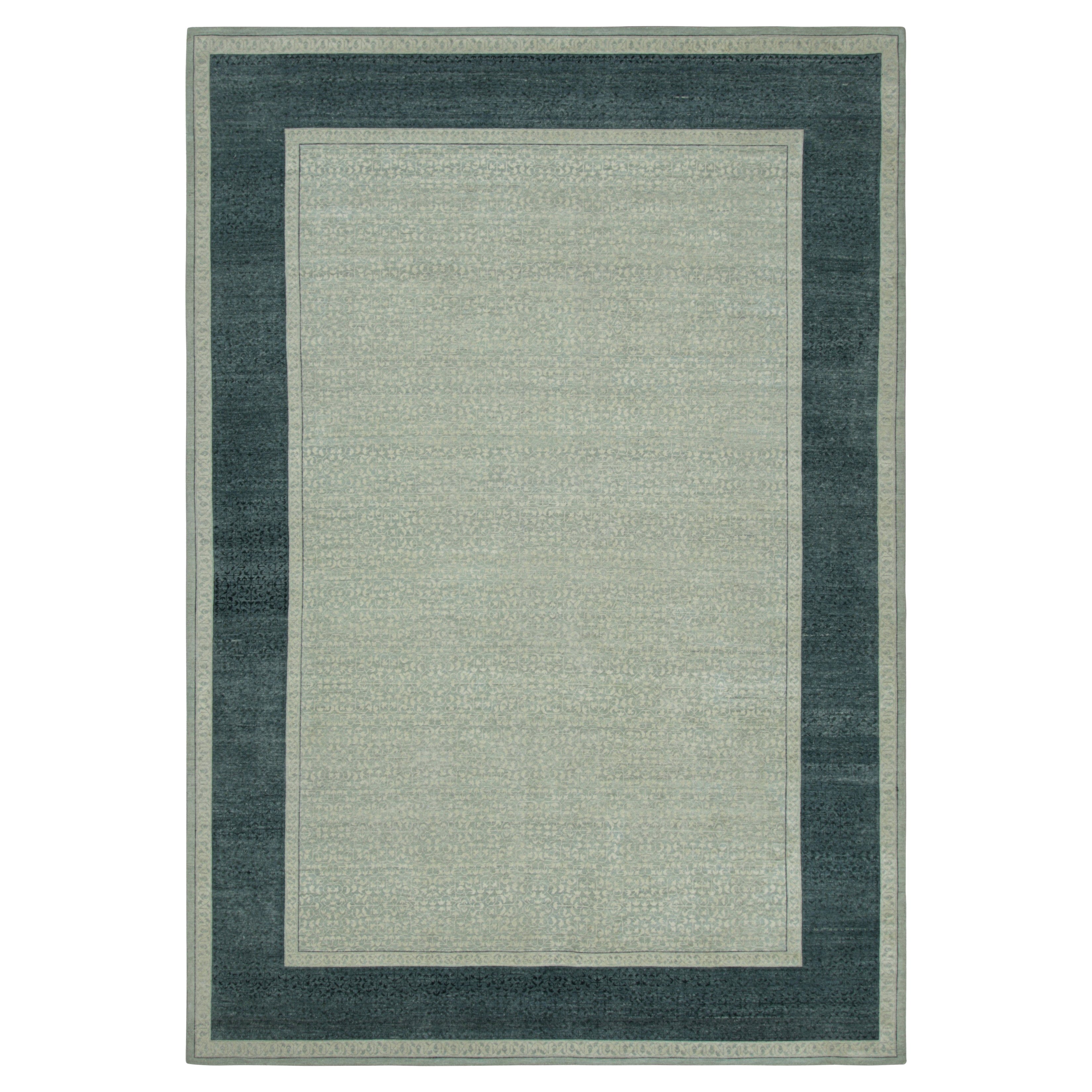 Rug & Kilim’s Block Print Rug in Blue and Cream Floral Pattern, Navy Blue Border