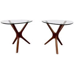 Mid-Century Modern Adrian Pearsall Walnut Glass Top Side Tables - Set of 2