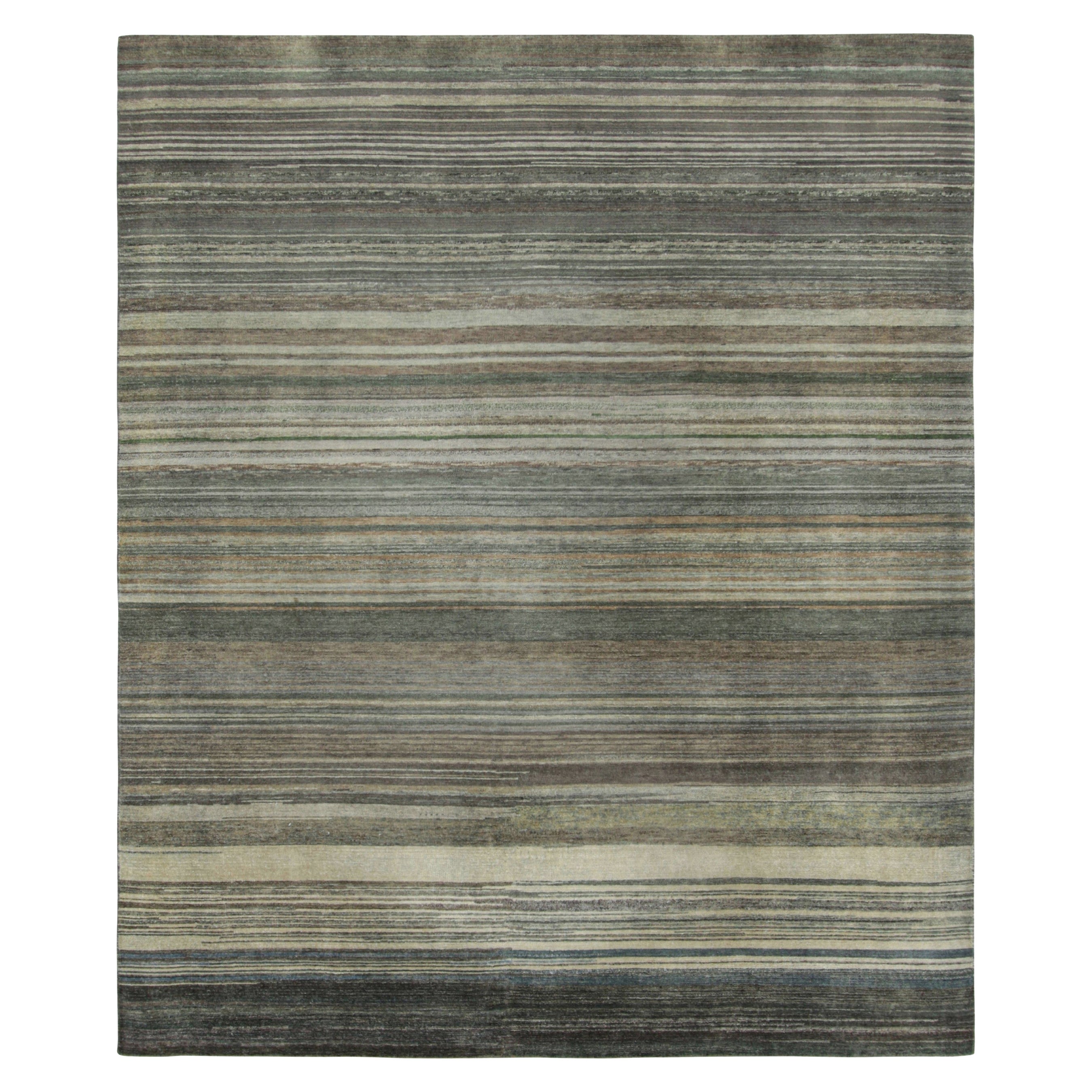Rug & Kilim’s Textural Rug In Beige-Brown, Gray and Blue Stripes and Striae
