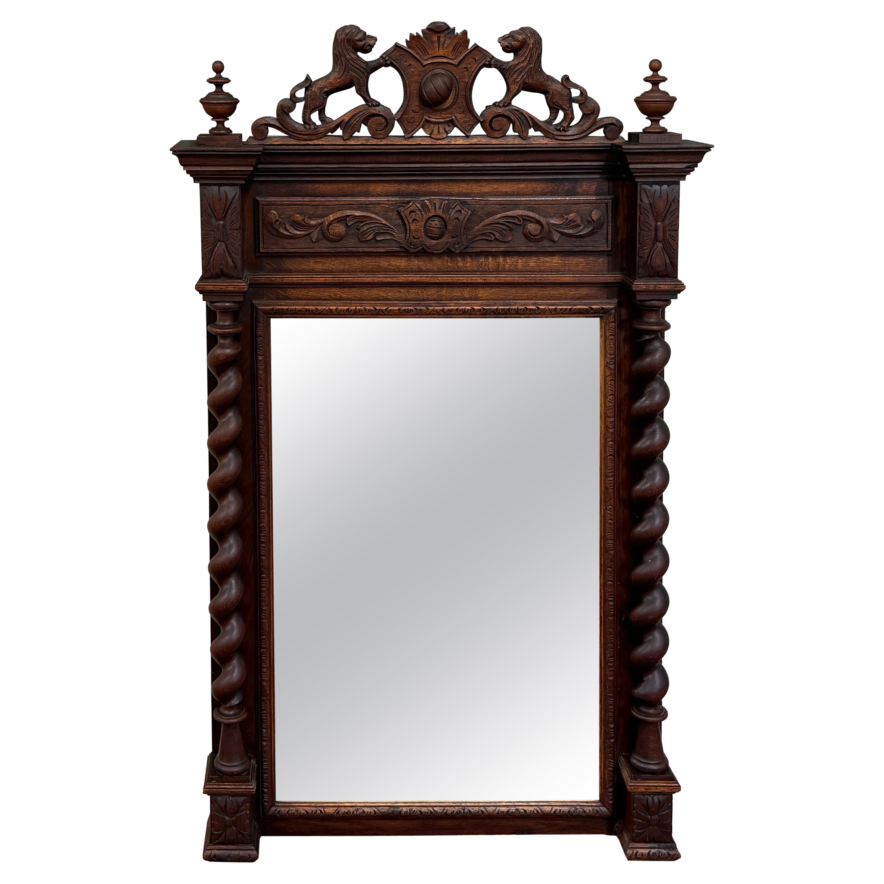 Antique French Mirror Barley Twist Over Mantel LARGE Rectangular Oak Lions 19thC