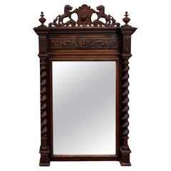 Antique French Mirror Barley Twist Over Mantel LARGE Rectangular Oak Lions 19thC