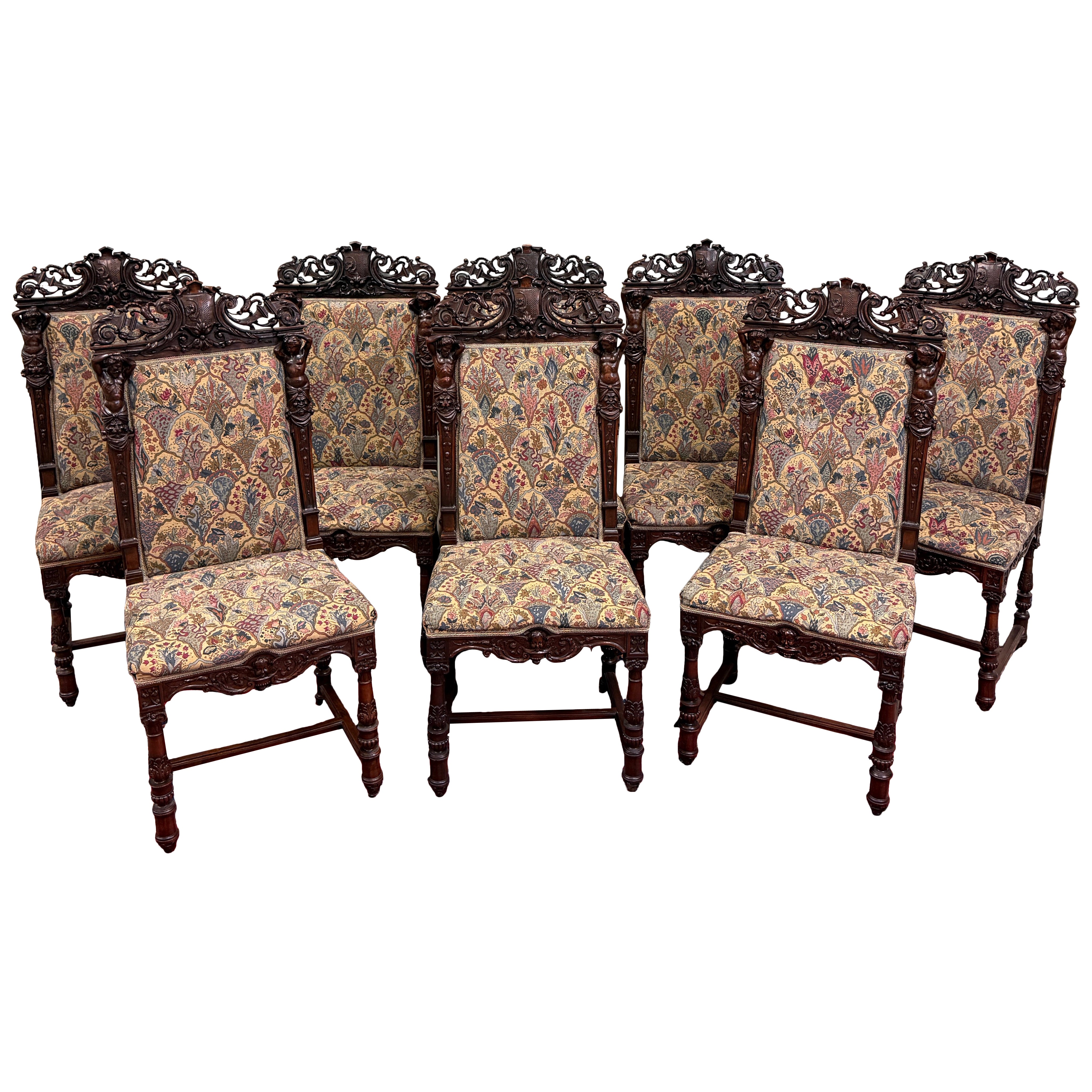 Antique French SET OF 8 Dining Chairs Upholstered Carved Walnut 19thC EXQUISITE