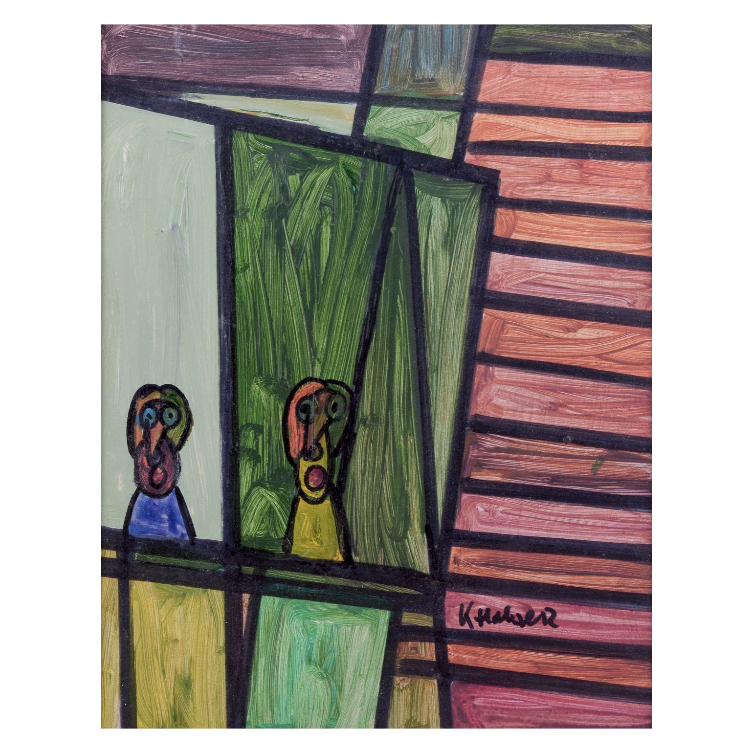 Kjell Hobjer, listed Swedish artist. Oil on panel. Abstract/naïve style.