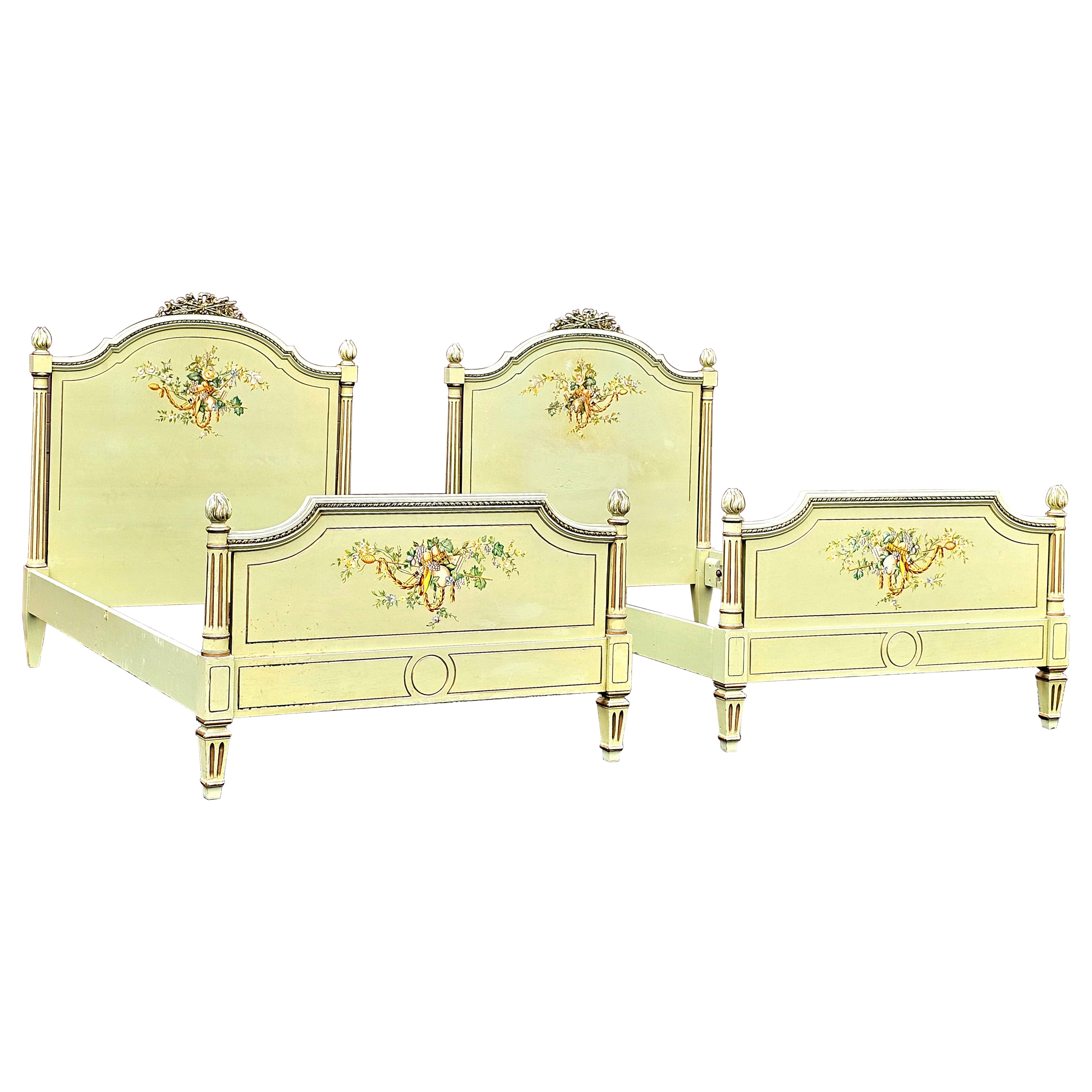 Pair Louis XVI Style Parcel Gilt and Painted and Decorated Twin Size Beds