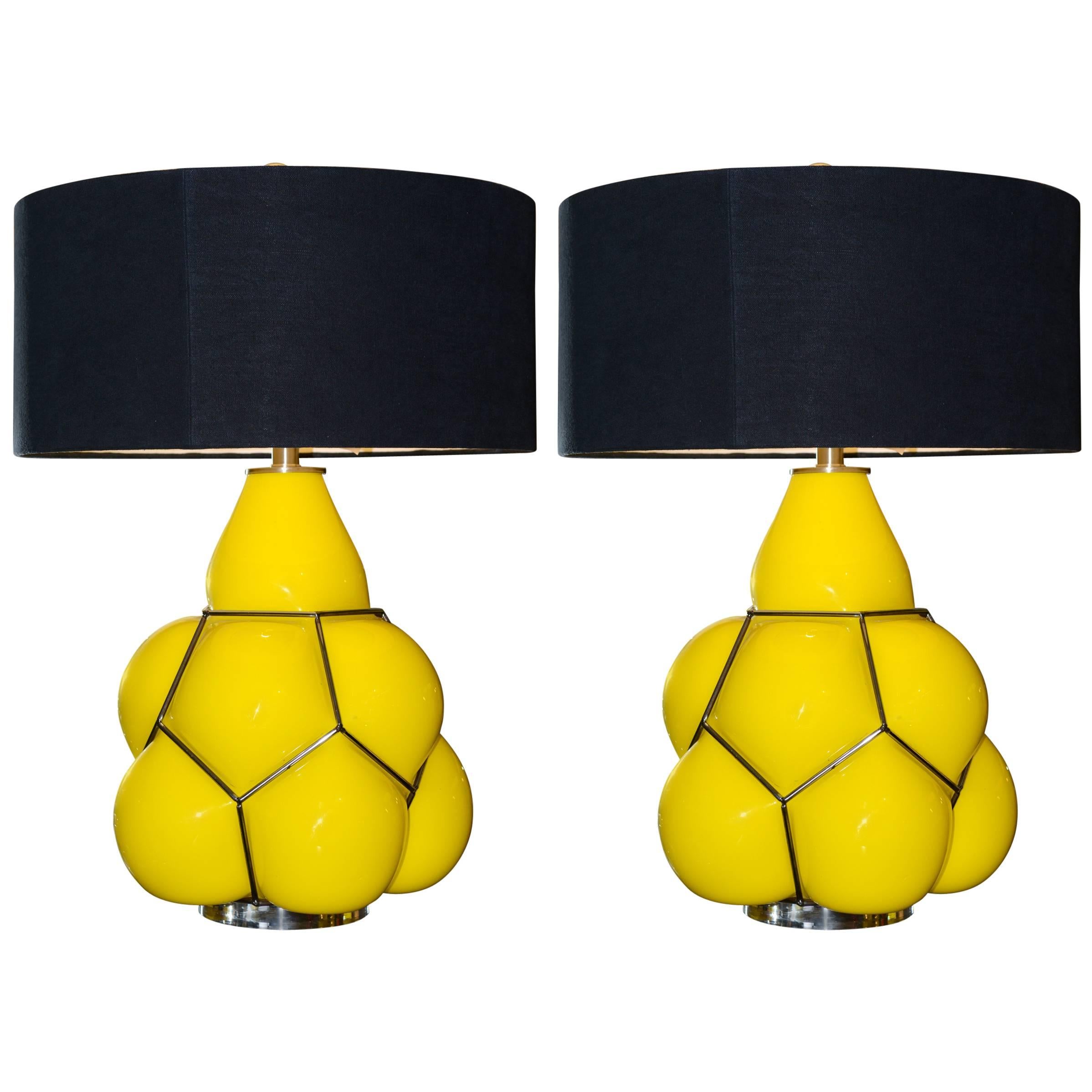 Table Lamp Yellow Set of Two in Glass with Black Lampshade