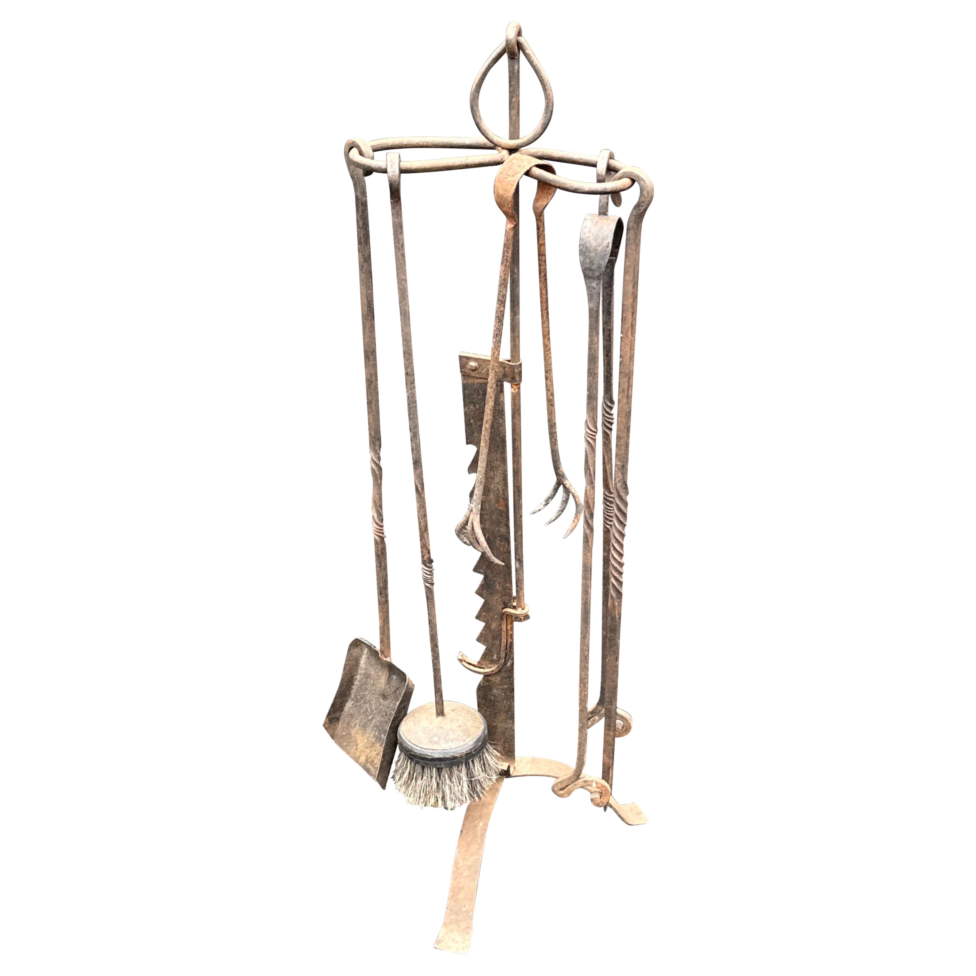 Large Oversized 5 Piece Estate Iron Fireplace Fire Tools For Sale