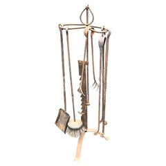 Large Oversized 5 Piece Estate Iron Fireplace Fire Tools