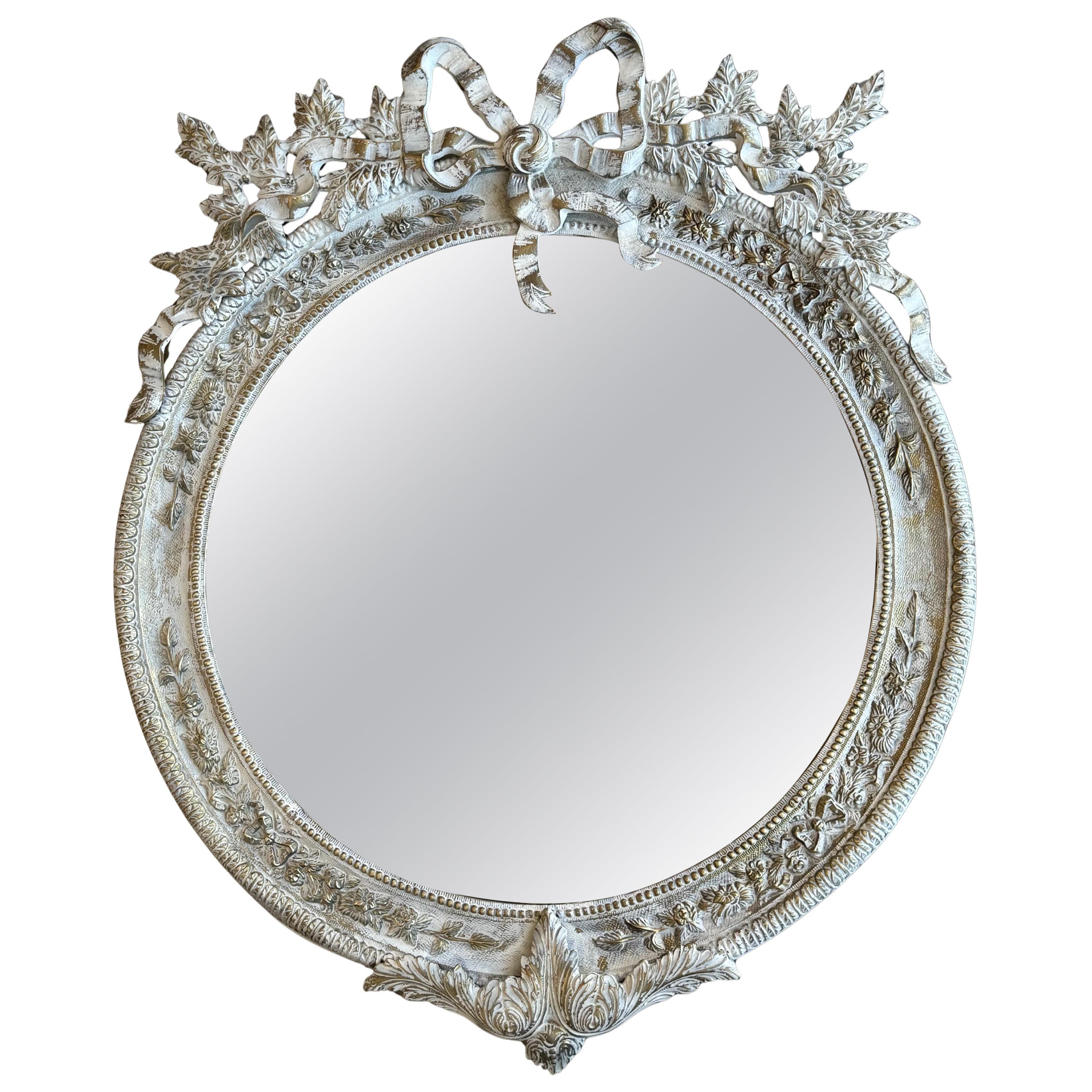 Round French Rococo Gilted & White Bronze Wall Mirror