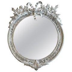 Antique Round French Rococo Gilted & White Bronze Wall Mirror