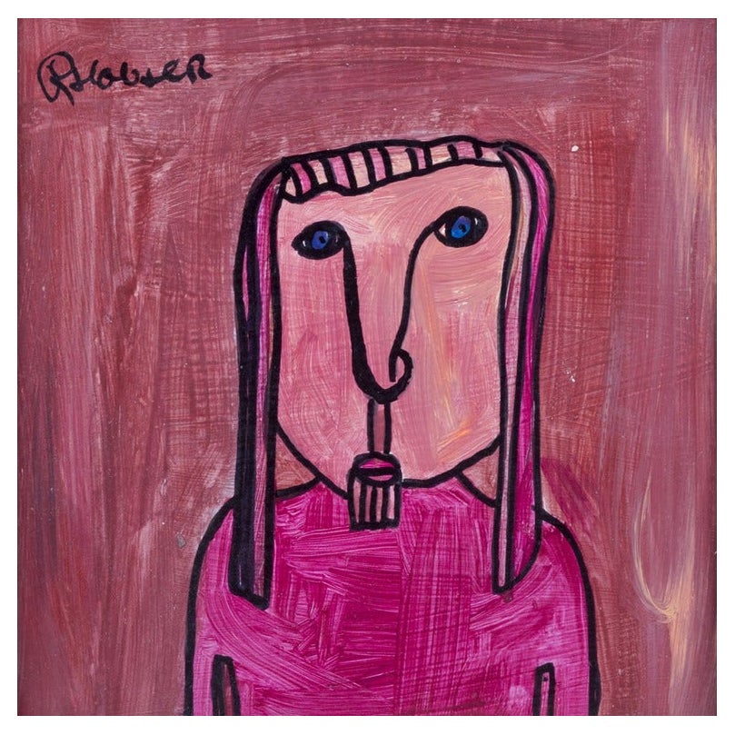 Kjell Hobjer, listed Swedish artist. Oil on panel. Figure in naïve style. 2003