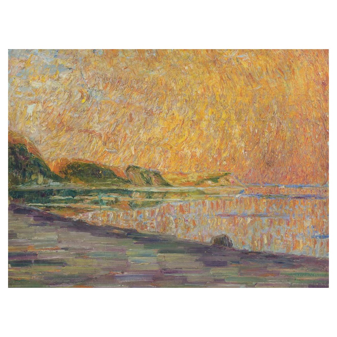 Scena di spiaggia con scogliere. In the style of George Inness. Olio su tela, 1911