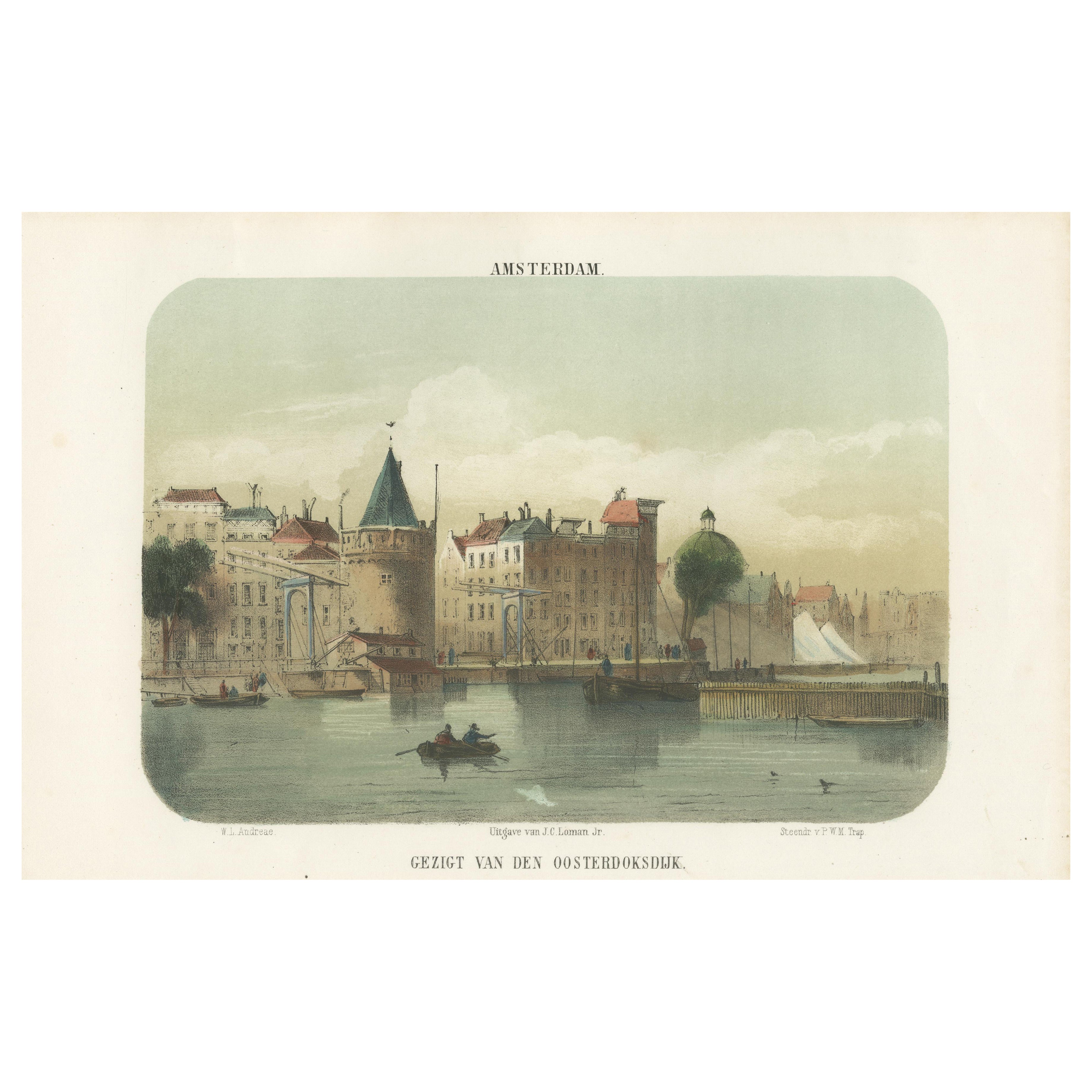 Vista de Amsterdam desde la Oosterdok, litografía del siglo XIX con barcos, 1855
