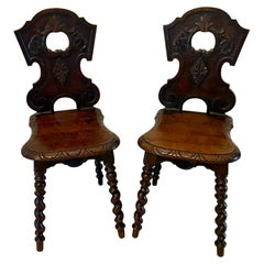 Pair of Antique Victorian Quality Carved Oak Hall Chairs