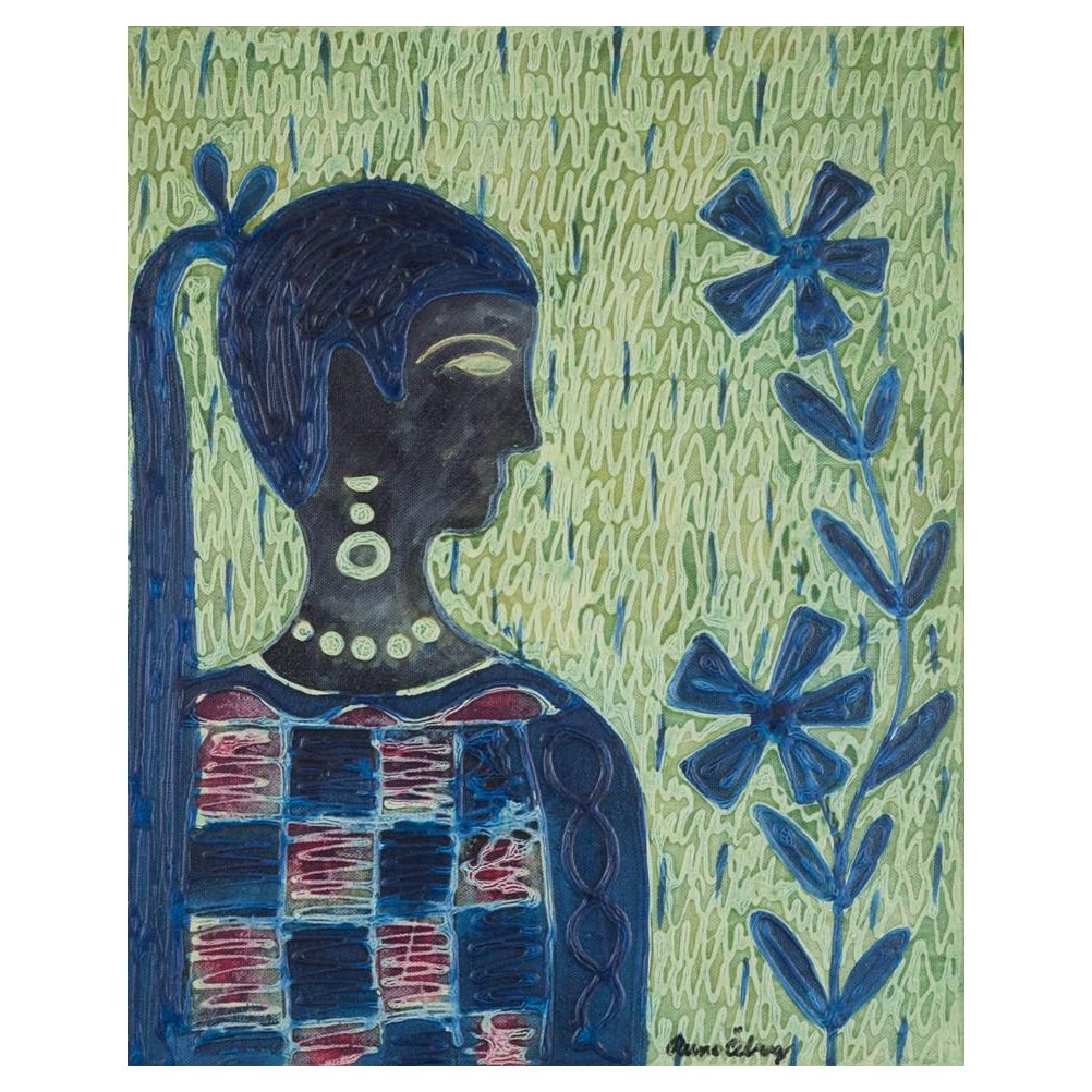 Runo Öberg (1931–2019), Swedish artist. Mixed media on board. Woman and flower