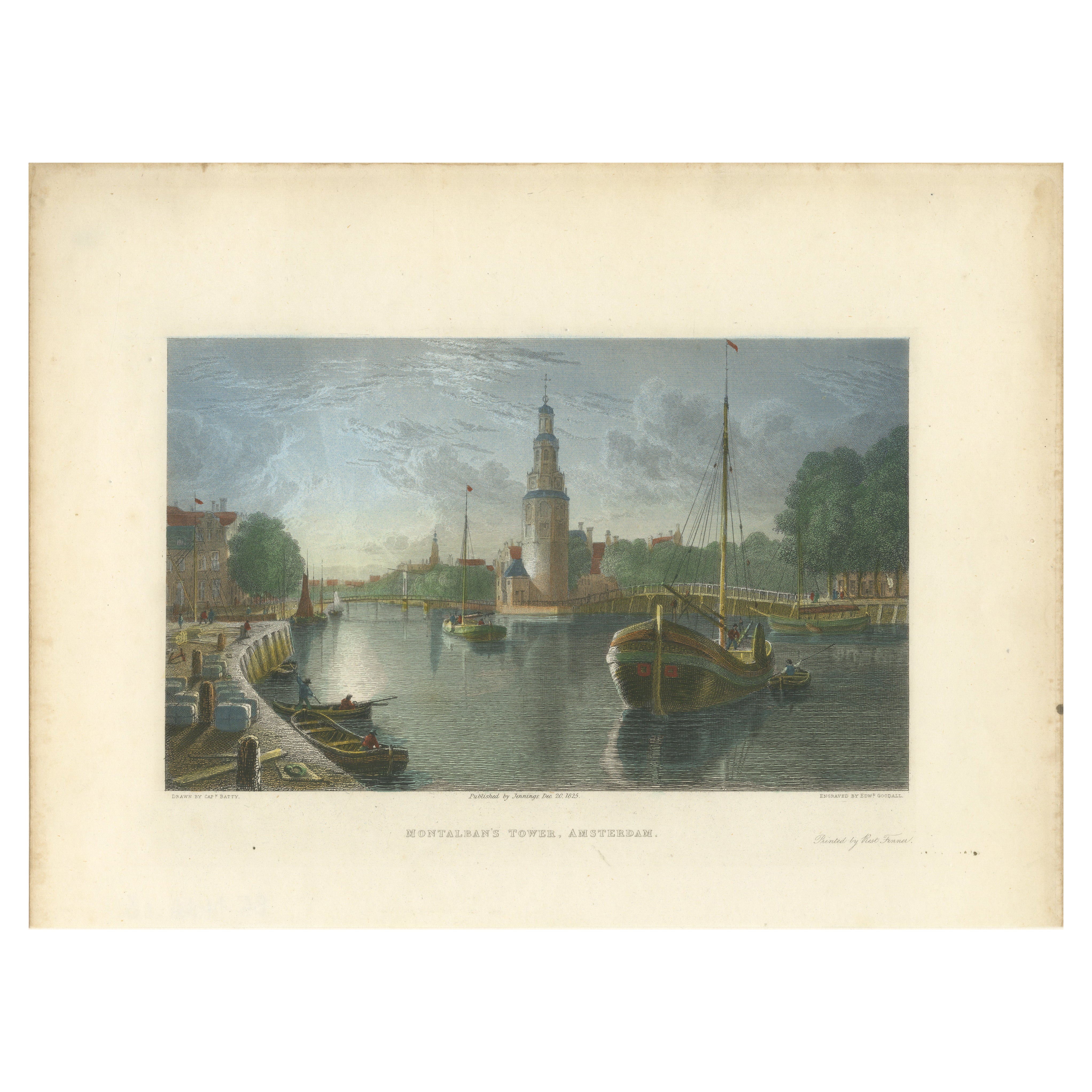 View of Montelbaanstoren, Amsterdam, Hand-Colored Steel Engraving 1825