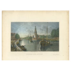 View of Montelbaanstoren, Amsterdam, Hand-Colored Steel Engraving 1825