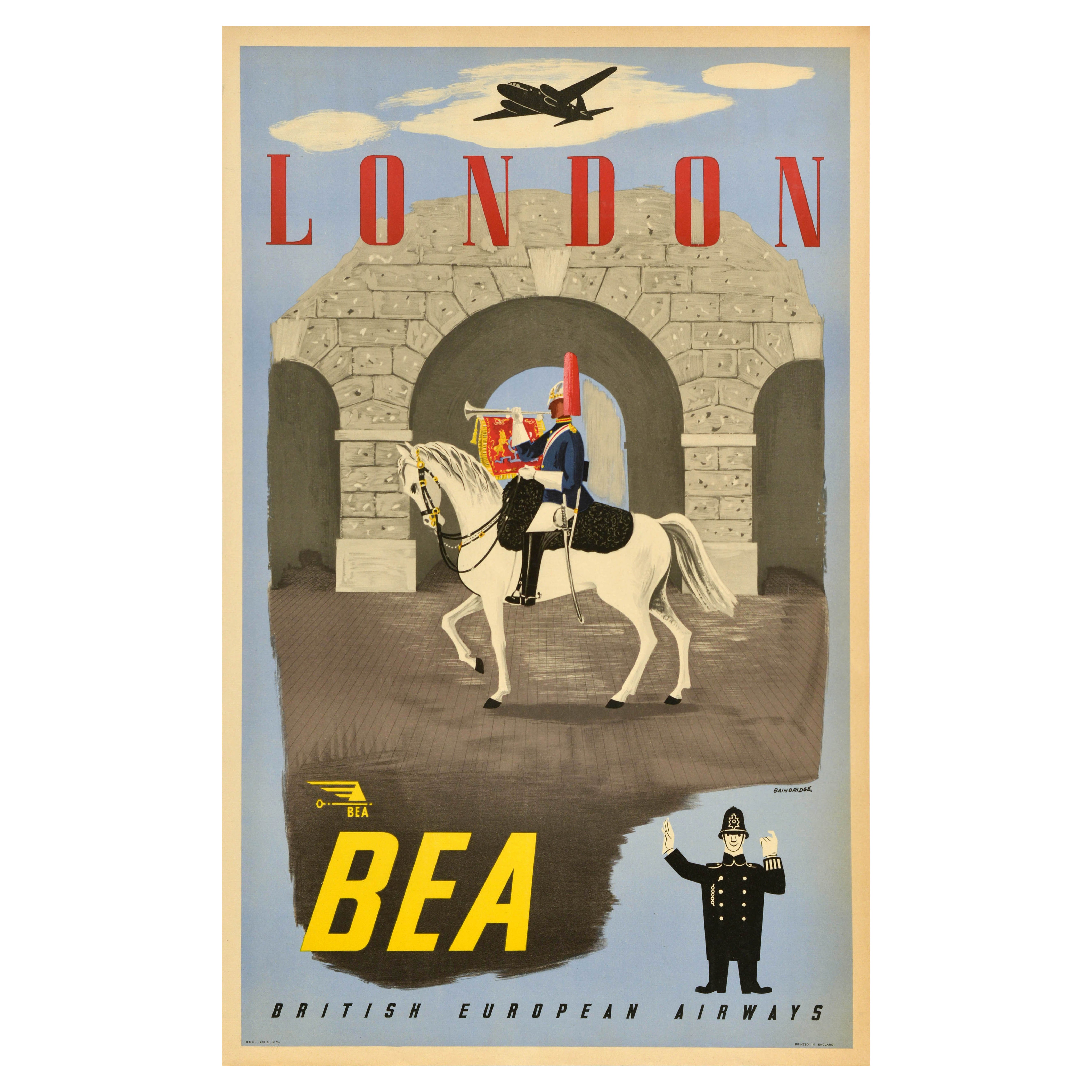 Affiche rétro originale de voyage BEA London Bainbridge Mounted Household Cavalry