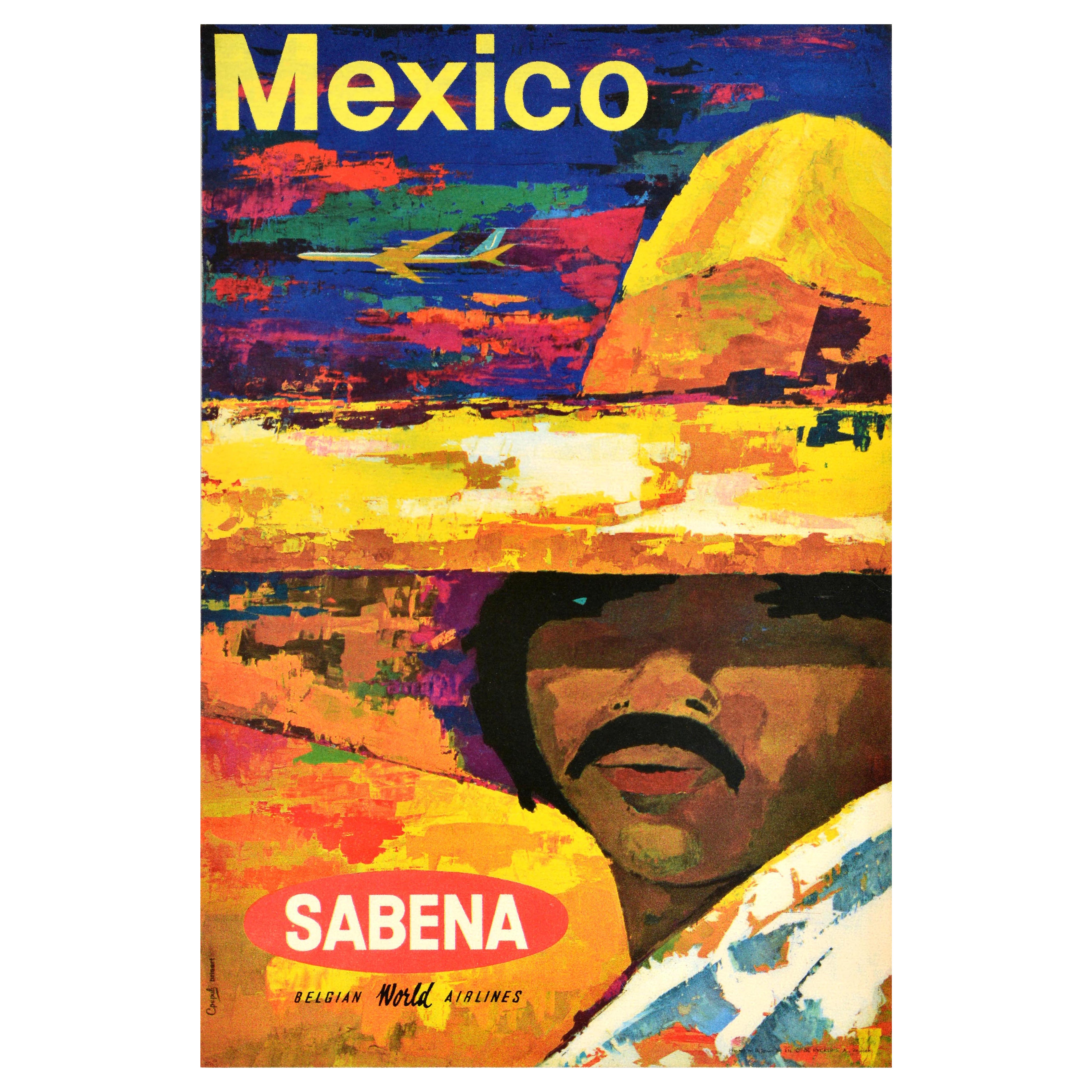 Original Vintage Cartel Publicitario de Viajes México Sabena Belgian Airlines
