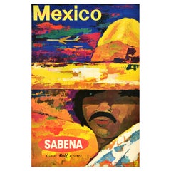 Original Vintage Cartel Publicitario de Viajes México Sabena Belgian Airlines